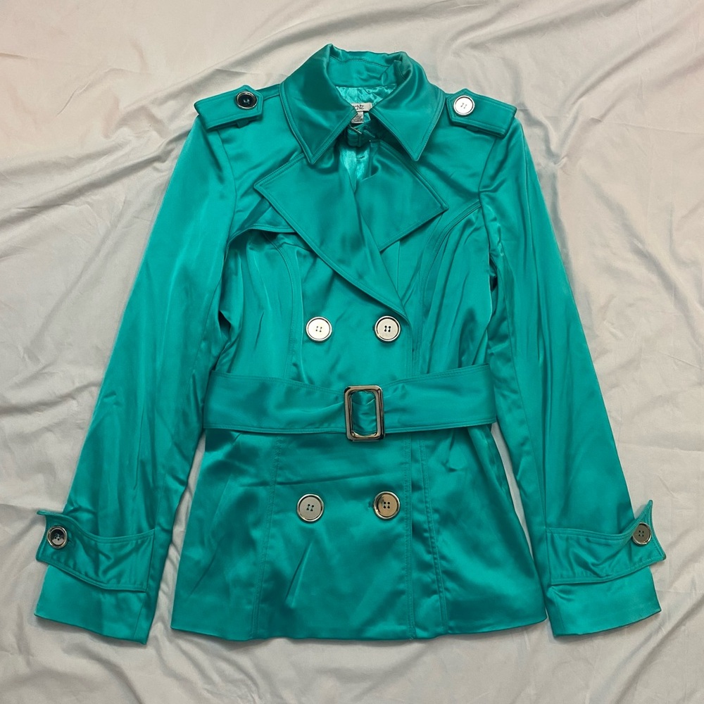 Vintage Y2K Cache Teal Green Belted Trench Coat, Preppy Office Chic City Girl
